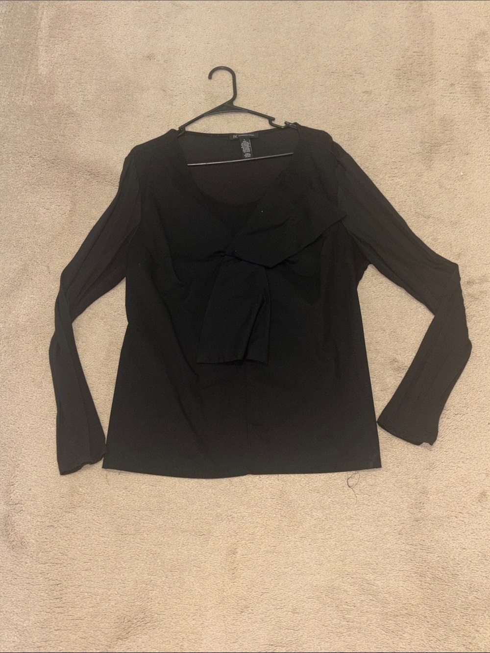 INC International Concepts Black Long-Sleeve Bow-Tie Blouse